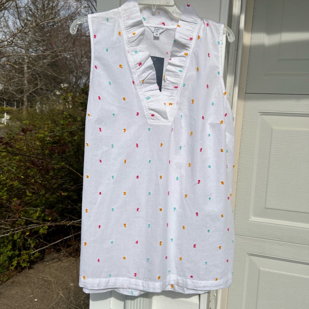 NWT Crown & Ivy  Fun White Multicolored Nubby Dot Ruffle Neck Blouse